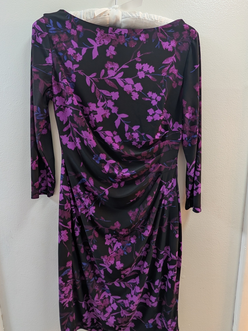 Chaps Black Dress with Purple Floral Print — Long Sleeve Midi